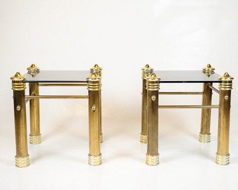 Set of Two Bedside Tables - Brass Legs - Black Glass Top - Vintage Style - 1970s
