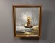 Oil painting of ships out at sea with a dark wooden frame signed Belfort.5000m2 showroom.